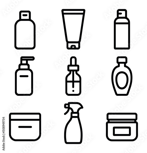 Hair Care Icons. Outline icon set of hair care product lineup: shampoo bottle, conditioner tube, leave-in conditioner, dry shampoo