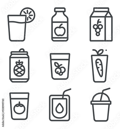 Fruit Juice Icons. Outline icon set of fruit juices: orange juice glass, apple juice bottle, grape juice carton, pineapple juice