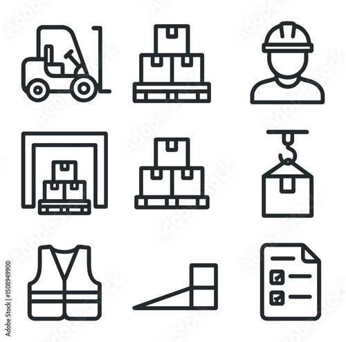Forklift Icon Set. Outline icon set of forklift operators loading and unloading goods: forklift