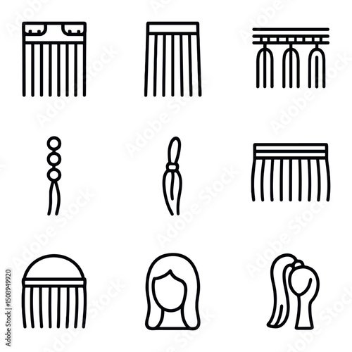 Hair Extension Icons. Outline icon set of extension types display: clip-in weft, tape-in strip, sew-in tracks, micro-link beads,