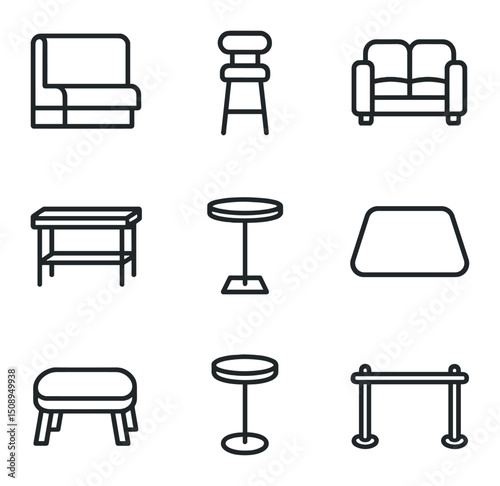 Furniture Icon Grid. Outline icon set of seating and furniture: booth seating, high stool, lounge sofa, coffee table, bar table,
