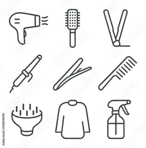 Hair Styling Icon Set. Outline icon set of styling tools: blow dryer, round brush, flat iron, curling wand, sectioning clip, comb,