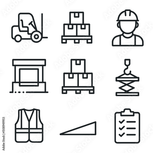 Forklift Icon Set. Outline icon set of forklift operators loading and unloading goods: forklift