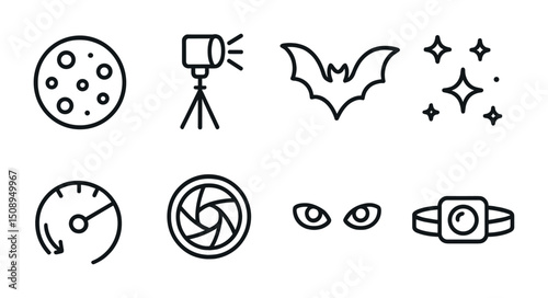 Minimalist icon set featuring moon, camera, bat, and stars for creative projects