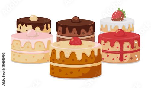 Delicious colorful cupcakes and a three-tier birthday cake with cherries and sprinkles, festive sweet desserts, party treats, colorful frosting, celebration food illustration set vector.