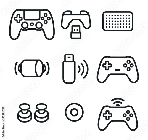 Game Controller Icons. Outline icon set of game controllers: dual analog sticks, D-pad, shoulder buttons, trigger buttons, home