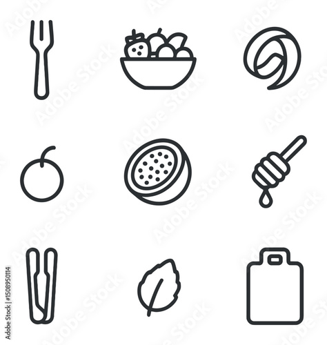 Fruit Icon Set. Outline icon set of healthy fruit dish presentation: fruit fork, bowl of mixed fruit