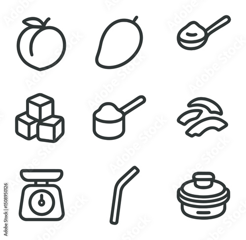 Fruit & Dairy Icons. Outline icon set of fruit and dairy ingredients: peach, mango, yogurt spoon,