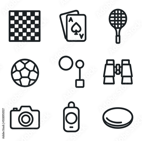Games Icons Collection. Outline icon set of games & entertainment: chessboard, deck of cards, badminton racket, soccer ball,
