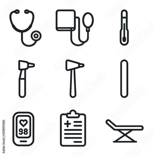 Health Checkup Icons. Outline icon set of general health checkup tools: stethoscope, blood pressure cuff, thermometer, otoscope,