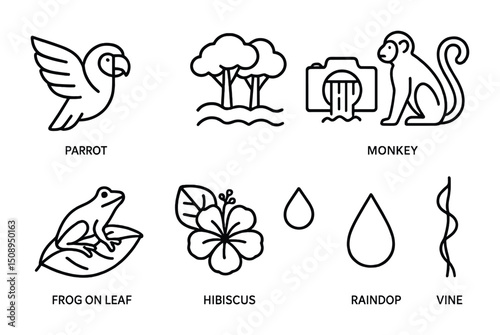 Tropical wildlife and nature icons with parrot, monkey, and frog themes