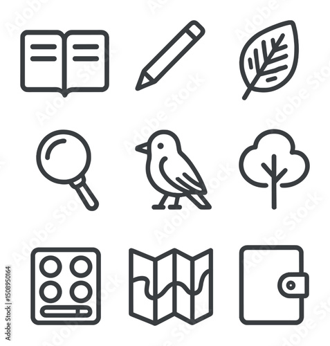 Nature Journaling Icons. Outline icon set of guided nature journaling: open notebook, pencil, leaf rubbing, magnifying glass, bird