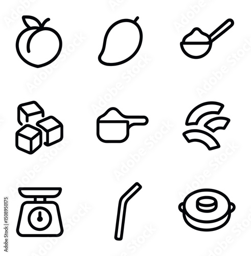 Fruit & Dairy Icons. Outline icon set of fruit and dairy ingredients: peach, mango, yogurt spoon,