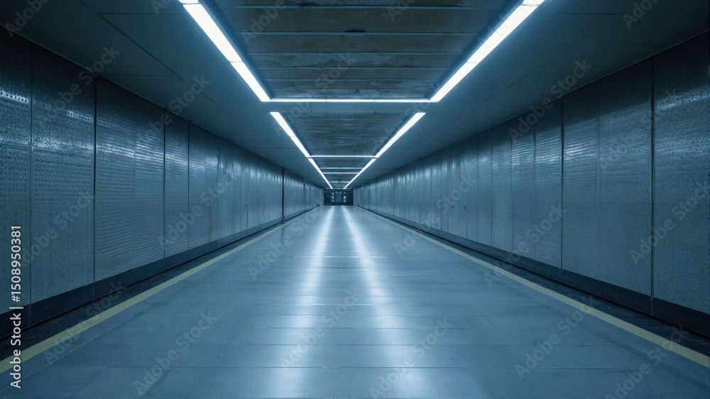Fototapeta premium Futuristic Corridor with Blue Lighting and Symmetrical Design 