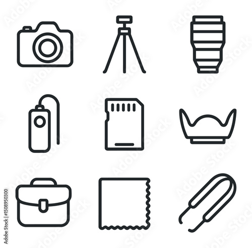 Nature Photography Gear Icons. Outline icon set of nature photography gear: DSLR camera, tripod, telephoto lens, remote shutter,