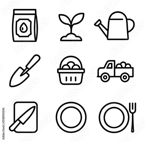 Garden Journey Icons. Outline icon set of garden-to-table journey: seed packet, sprouting seedling, watering can, garden trowel,