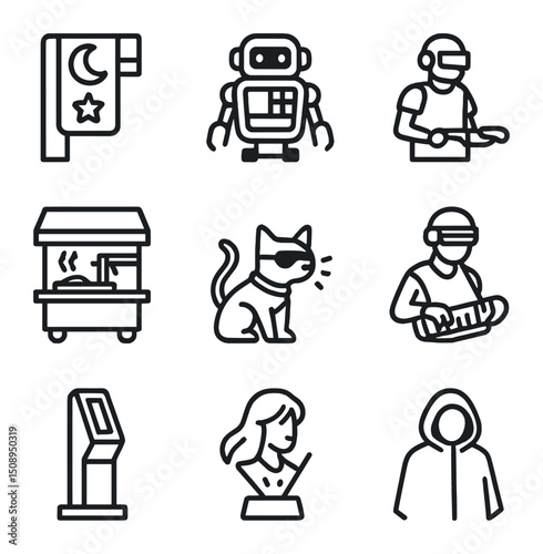 Futuristic Street Icons. Outline icon set of futuristic street life: neon signage, vending bot,