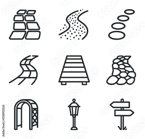 Garden Path Icon Set. Outline icon set of garden pathways: stone paver, gravel path, stepping stone, brick border, wooden
