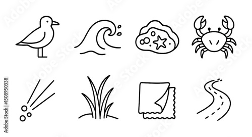 Coastal icons: seagull, waves, and sandy beach elements for design