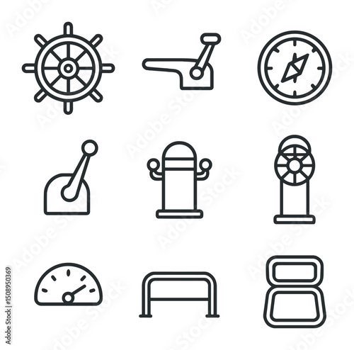 Nautical Command Icons. Outline icon set of helm wheel and controls: ship wheel, tiller arm, compass card, throttle lever,