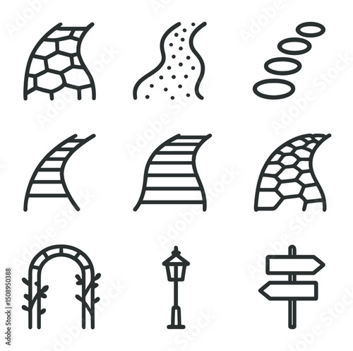 Garden Path Icon Set. Outline icon set of garden pathways: stone paver, gravel path, stepping stone, brick border, wooden