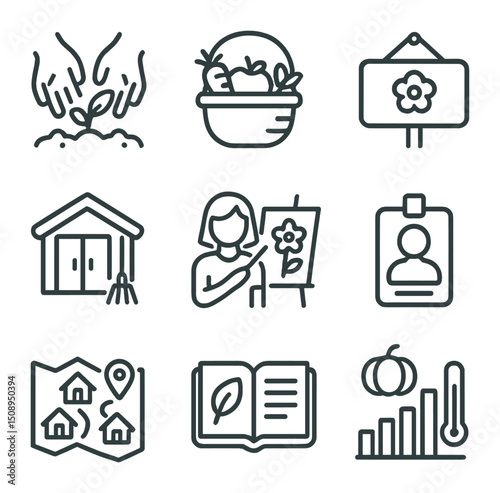 Gardening Icon Set. Outline icon set of gardening community activities: planting day, harvest basket