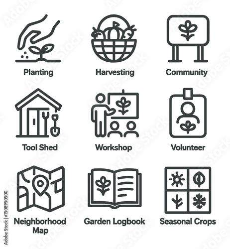 Gardening Icon Set. Outline icon set of gardening community activities: planting day, harvest basket