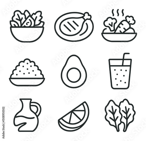 Healthy Meal Icons. Outline icon set of healthy home meals: salad bowl, grilled chicken, steamed vegetables, quinoa grain, avocado