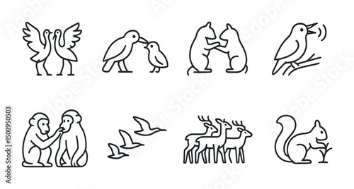 Minimalist animal sketches featuring birds, monkeys, and forest wildlife