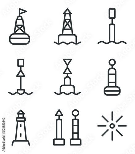 Nautical Navigation Icons. Outline icon set of buoy and channel markers: red buoy, green buoy, port marker, starboard marker,