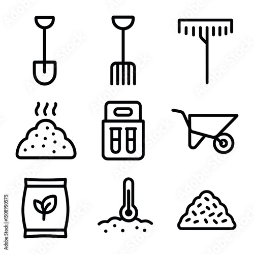 Garden Tools Icons. Outline icon set of soil preparation: shovel, garden fork, rake, compost pile, soil test kit, wheelbarrow,
