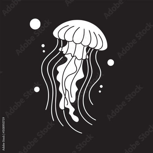 A stylized white jellyfish with long tentacles floating in a black space with white bubbles around it