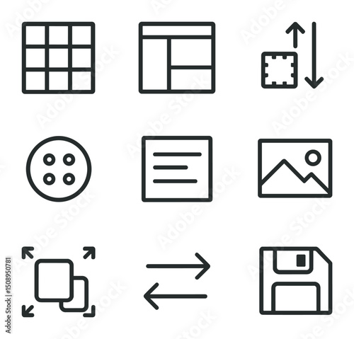 Generative Design Icons. Outline icon set of generative layout design: grid system, template library, drag handle, auto-arrange