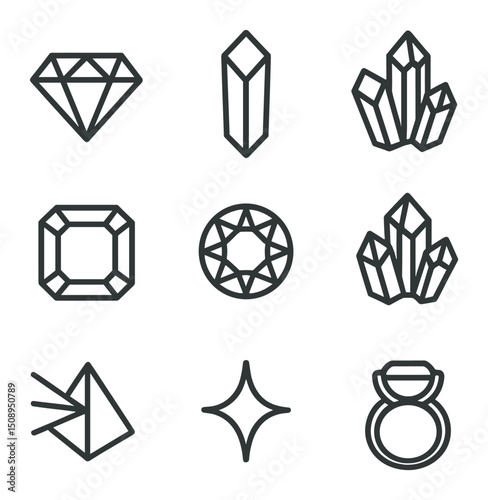 Gemstone Icon Set. Outline icon set of crystal and gemstone refractions: diamond, quartz crystal, amethyst, prism cut, faceted gem
