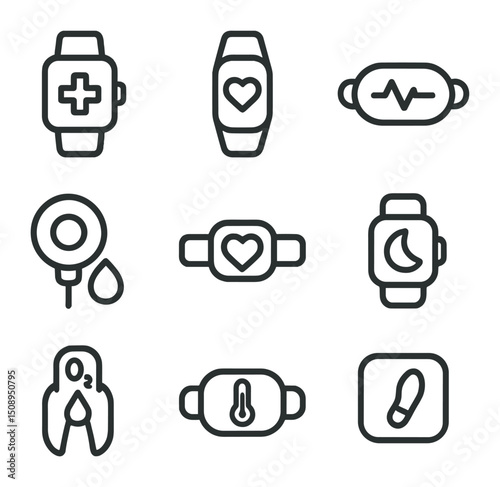 Healthcare Wearable Icons. Outline icon set of healthcare wearable devices: smart watch, fitness
