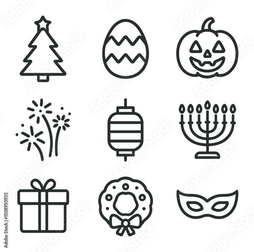 Holiday Tradition Icons. Outline icon set of holiday traditions: Christmas tree, Easter egg, pumpkin lantern, fireworks, paper