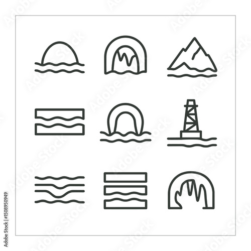 Geological Salt Formations Icons. Outline icon set of geological salt formations: salt dome, halite cave, salt bed layer, salt
