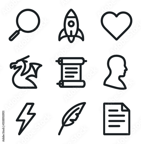 Genre Icon Collection. Outline icon set of genre exploration theme: mystery magnifying glass, sci-fi rocket, romance heart,