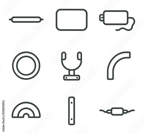 Neon Icon Grid. Outline icon set of neon sign rainbow glows: neon tube, sign frame, power transformer, glow halo, mounting bracket