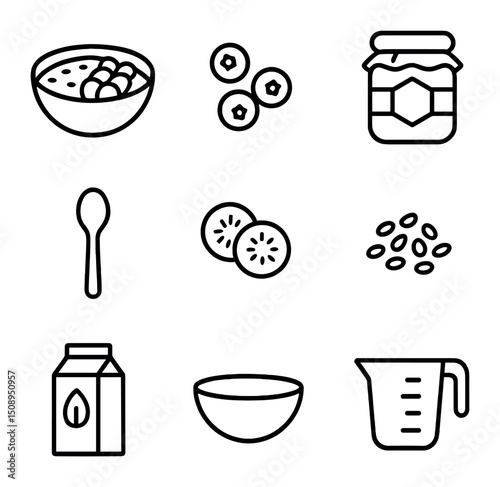 Healthy Breakfast Icons. Outline icon set of healthy breakfast preparation: smoothie bowl,