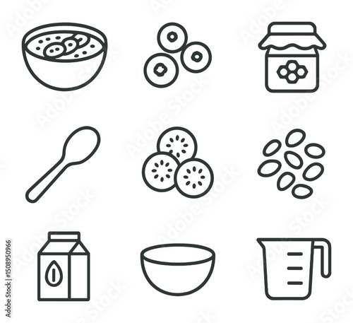 Healthy Breakfast Icons. Outline icon set of healthy breakfast preparation: smoothie bowl,