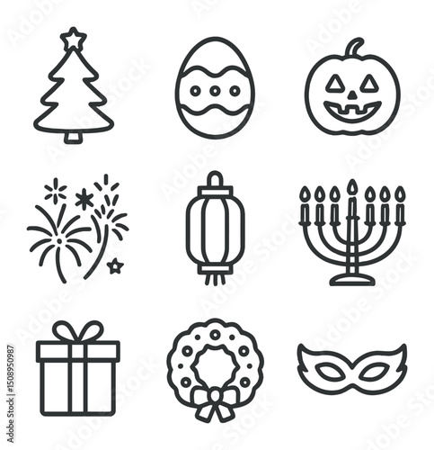 Holiday Tradition Icons. Outline icon set of holiday traditions: Christmas tree, Easter egg, pumpkin lantern, fireworks, paper