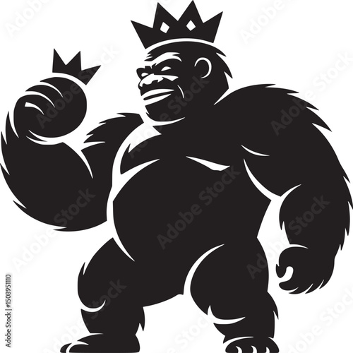 A black and white illustration of a gorilla wearing a crown and flexing its arm muscle strength
