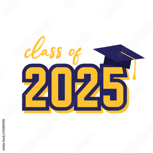 Class of 2025 typography with graduation cap. Yellow and blue text