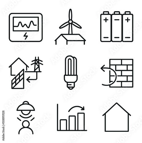 Net-Zero Energy Icons. Outline icon set of net-zero energy buildings: energy dashboard, rooftop wind turbine, battery bank, grid