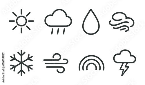 Weather icons set featuring sun, rain, snow, wind, and storm elements for design projects