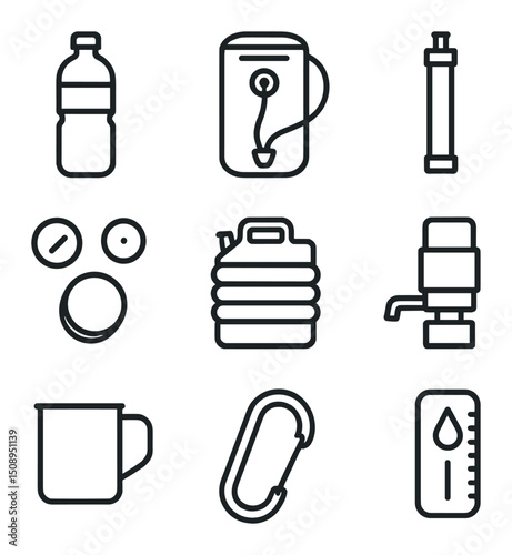Hydration Icon Grid. Outline icon set of hydration and water treatment: water bottle, hydration bladder, filter straw,