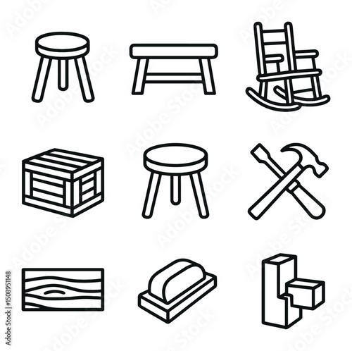Homemade Furniture Icons. Outline icon set of homemade wooden furniture: milking stool, small bench,
