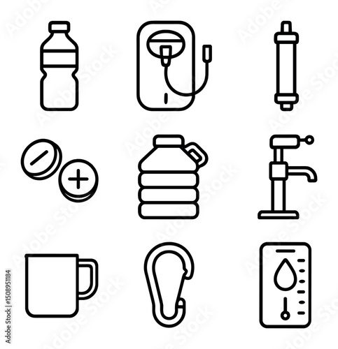 Hydration Icon Grid. Outline icon set of hydration and water treatment: water bottle, hydration bladder, filter straw,