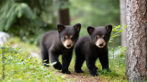 Curious twin cubs exploring their forest home
